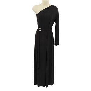 Ariella Womens Small Solid Black One Shoulder Long Sleeve Maxi Dress Slit Belted